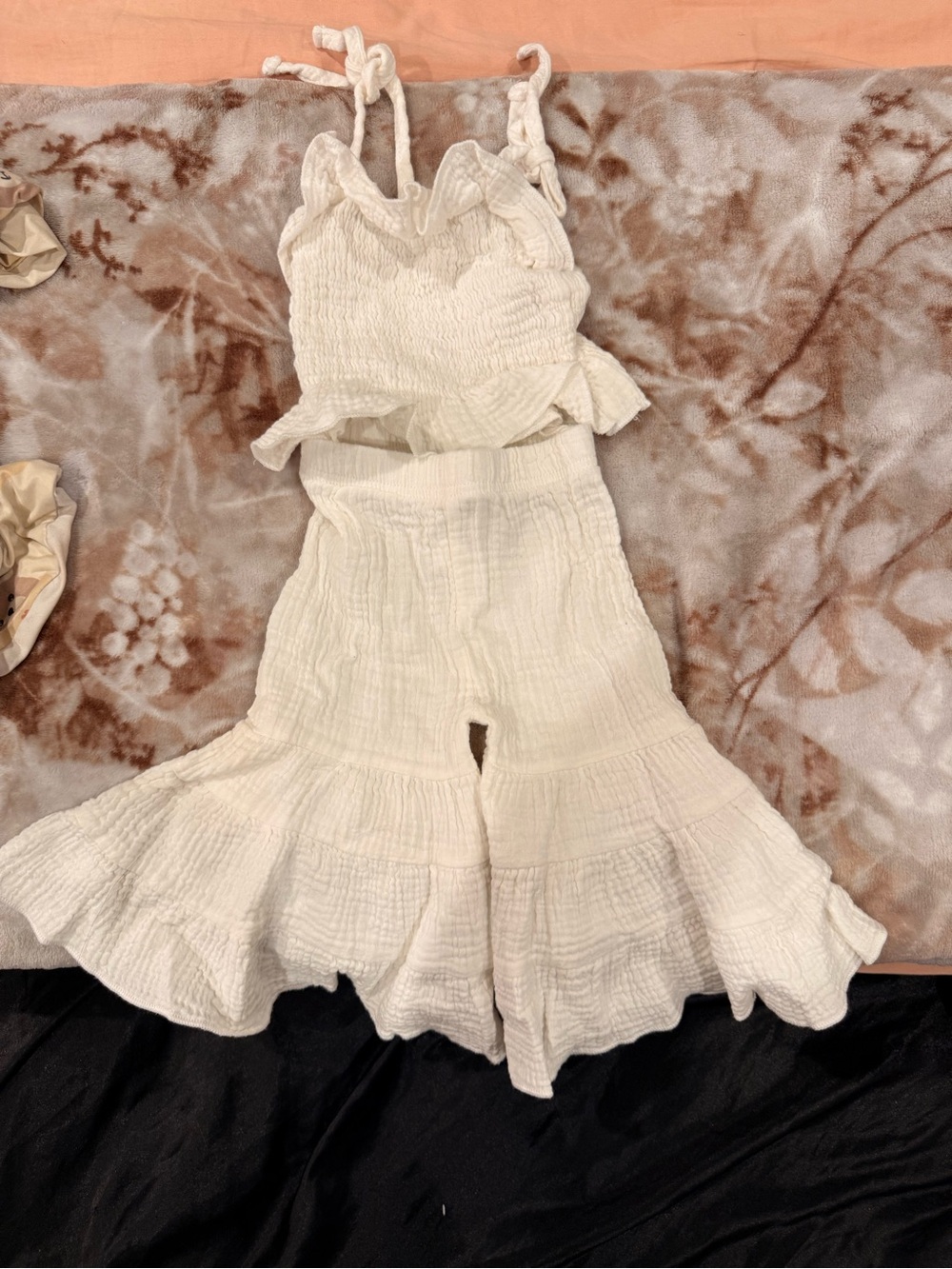 SHEIN Cream Ruffle Smocked Tank & Tiered Wide-Leg Set